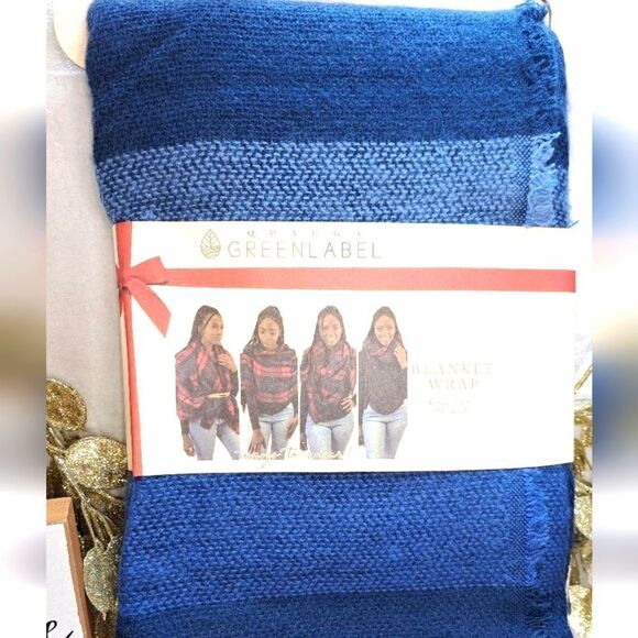 Quagga Blanket Wrap Scarf Navy Buffalo Checked Green Label Italian - Picture 7 of 9